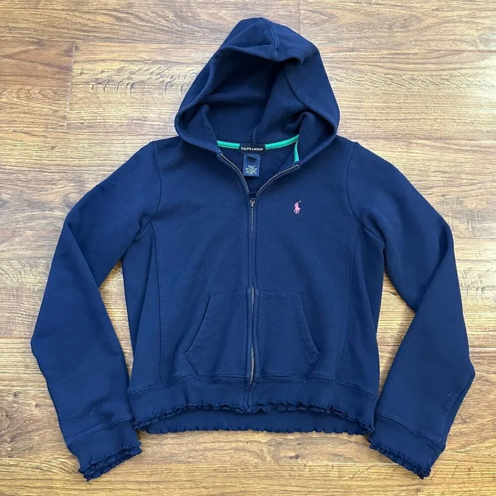 Ralph Lauren navy zip up sweatshirt hoodie with ruffles lettuce trim